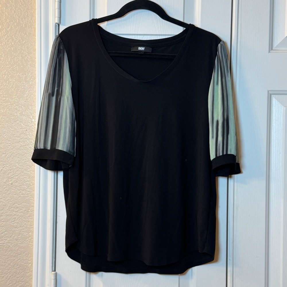 DKNY Women's Black Top with Sheer Green and Black Sleeves Women's Size X-Large